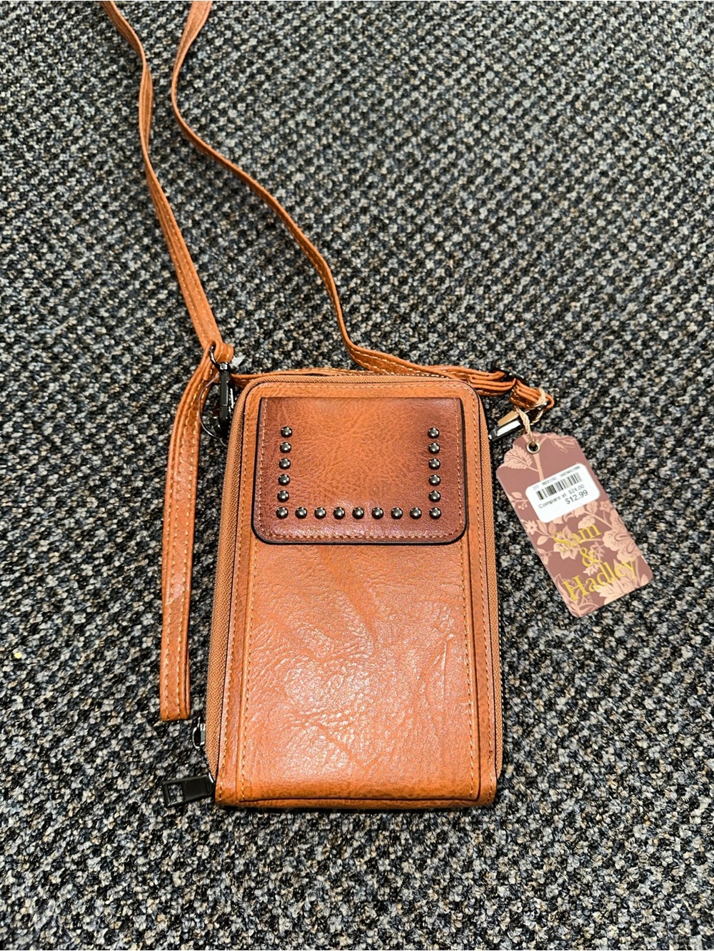 Studded Crossbody Phone Bag in Cognac Brown